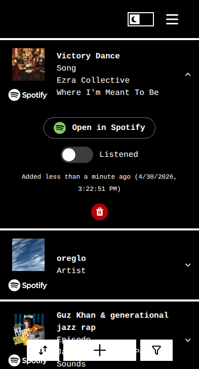 Screenshot of the Listen Later list page